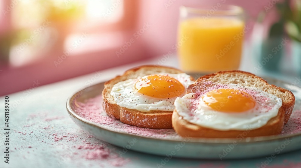 Delicious Fried Eggs on Toasted Bread with Pink Sugar Sprinkle Breakfast Food Photography