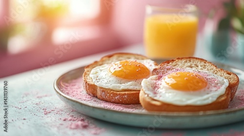 Delicious Fried Eggs on Toasted Bread with Pink Sugar Sprinkle Breakfast Food Photography
