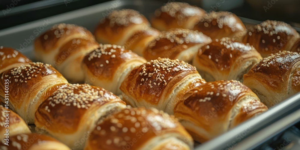 A tray of sausage rolls, just out of the oven, with a sprinkle of sesame seeds on top A tray of sausage rolls, just out of the oven, with a sprinkle of sesame seeds on top