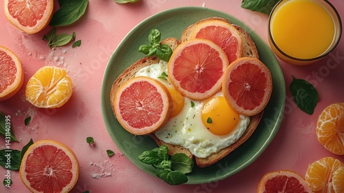 Delicious Breakfast Toast with Fried Eggs Grapefruit and Mandarin Slices