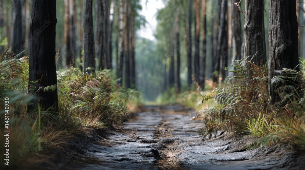 Obraz premium A Dirt Path Through A Forest Become A Cautionary Tale of Environmental Destruction From Uncontrolled Fires