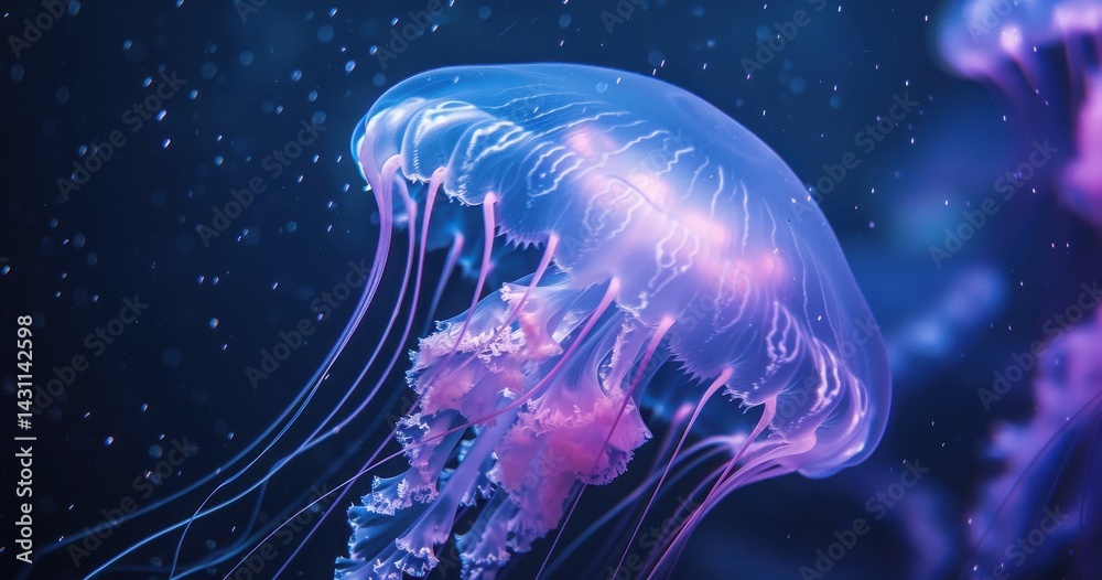 Fototapeta premium Glow of jellyfish in deep blue water creates a mesmerizing underwater spectacle.