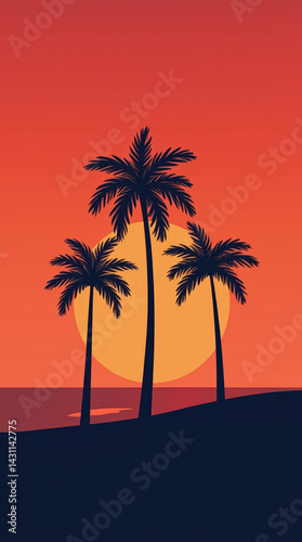 Minimalist vertical composition of palm tree silhouettes against a vibrant sunset gradient,