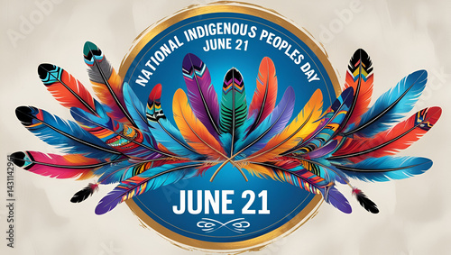 National Indigenous Peoples Day June 21 Celebration round label design with feathers in canada. photo