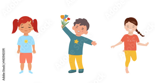 Happy kids cartoon collection. Multicultural children in different positions isolated on white background