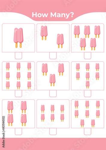 Counting activity for children “How many?” Learn numbers with sweet ice cream A fun educational sheet for early math practice A fun counting game for preschoolers and kindergarteners