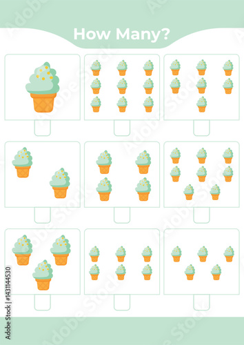 Counting activity for children “How many?” Learn numbers with sweet ice cream A fun educational sheet for early math practice A fun counting game for preschoolers and kindergarteners