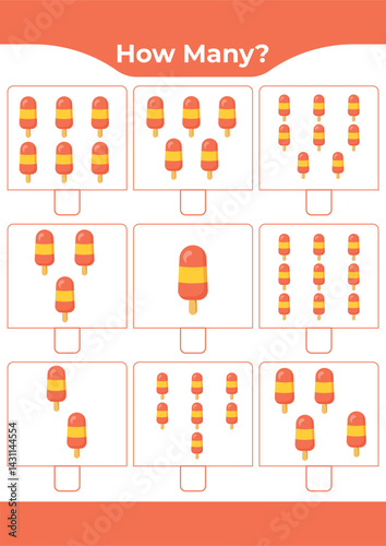 Counting activity for children “How many?” Learn numbers with sweet ice cream A fun educational sheet for early math practice A fun counting game for preschoolers and kindergarteners