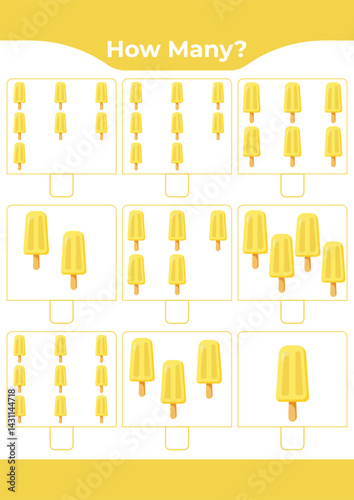 Counting activity for children “How many?” Learn numbers with sweet ice cream A fun educational sheet for early math practice A fun counting game for preschoolers and kindergarteners