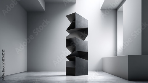 Abstract sculpture in minimalist interior with geometric forms and soft lighting