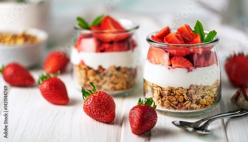 healthy breakfast of strawberry parfaits made with fresh fruit yogurt and granola over a rustic white table shallow depth of field with selective focus on glass jar in front blurred background