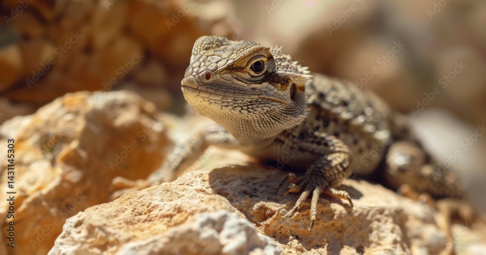 Close-up of a lizard basking on sunlit rocks with a bokeh background. Close-up of a lizard basking on sunlit rocks with a bokeh background.