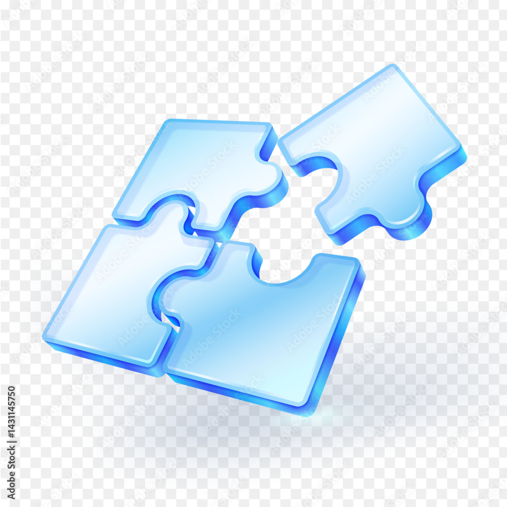 Modern 3D vector illustration of four blue glass glossy jigsaw puzzle pieces forming a square, isolated on a transparent background. Perfect for business teamwork, solution and strategy concepts.