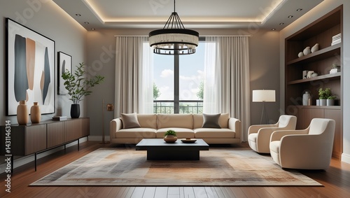 Modern Living Room Interior Design: Sophisticated and elegant living room with neutral color palette, featuring a plush sofa, contemporary coffee table, built-in shelving, large window with view.
