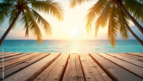 Summer tropical sea beach with waves  palm leaves and blue sky with clouds. Vacation landscape with empty wooden table for display of presentation product