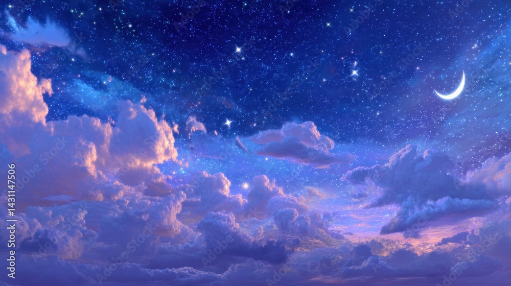 Fototapeta premium Ethereal nightscape with soft clouds illuminated by moonlight and starlight creating a dreamy celestial vista in deep blue and purple hues