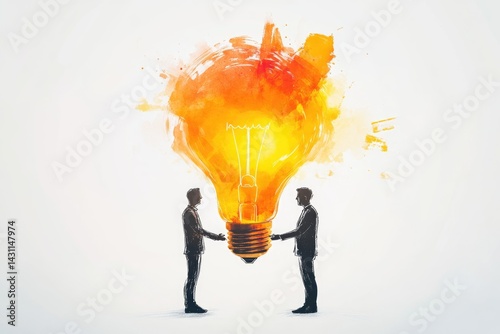Two businessmen collaborate to hold a giant lightbulb, symbolizing innovative teamwork and shared ideas.