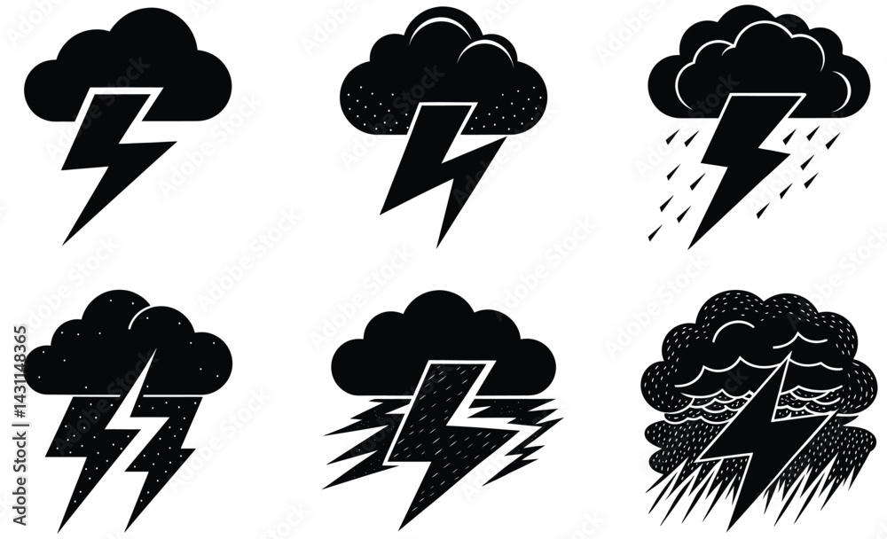 Thunderstorm with lightning bolt silhouette vector art set design