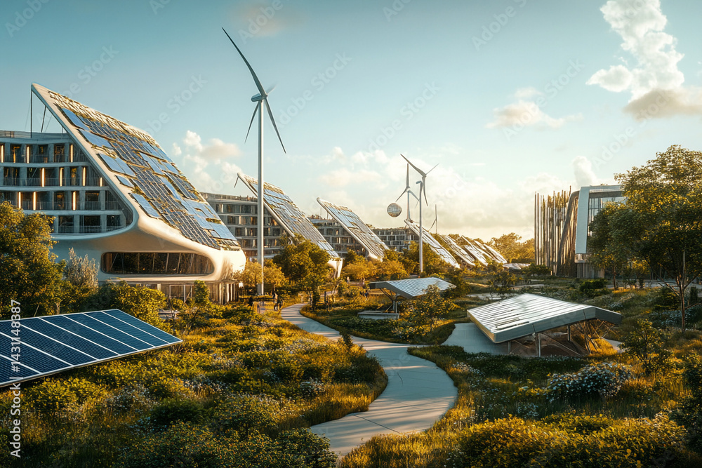 Obraz premium Eco friendly futuristic city with solar panels and wind turbines green landscape pathway