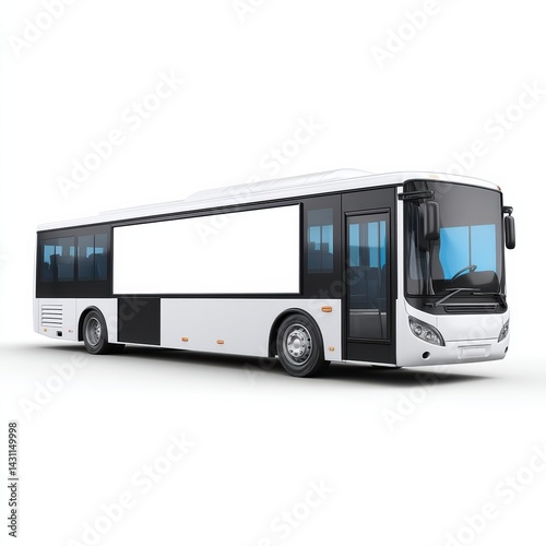 A sleek, modern bus with a white and black design, featuring large windows and a spacious interior, ideal for public transportation.