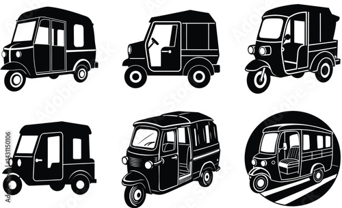 Tuk tuk driving in the street silhouette black vector art set design