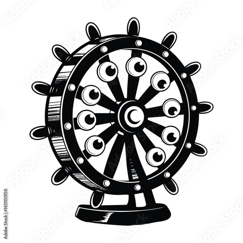Dharma Wheel Doodle funny, Silhouette, Vector, Icon, Logo, White Background.