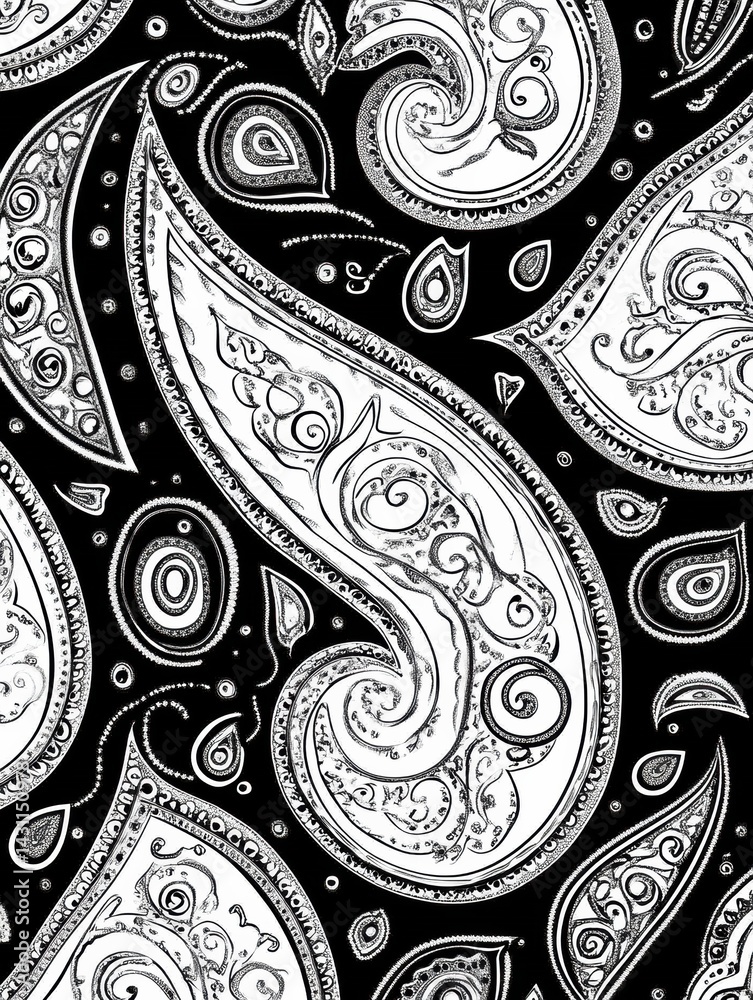 Seamless Black and White Paisley Pattern With Intricate Ornamental Design for Versatile Applications Generative AI
