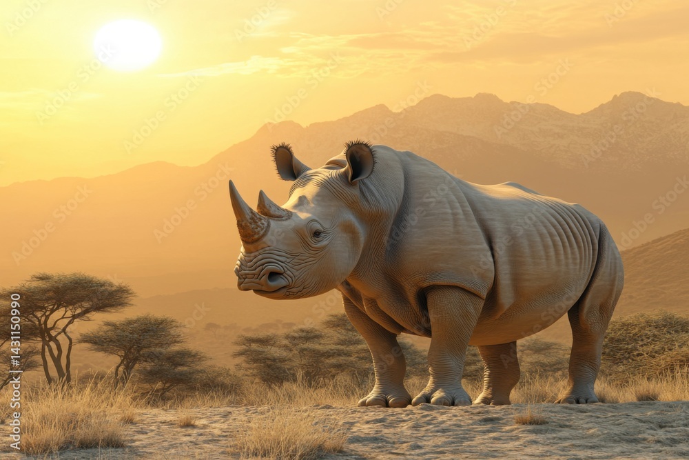 Obraz premium Rhinoceros Standing in African Savannah at Sunset 
