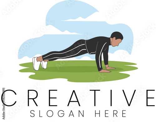 Fitness Man Doing Plank Exercise Outdoor Green Nature sky body yoga calm sport power grass