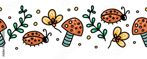 Interesting floral seamless border. Ladybug flies in flowers.
