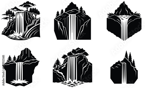 Waterfall cascading down cliff silhouette black vector art set design