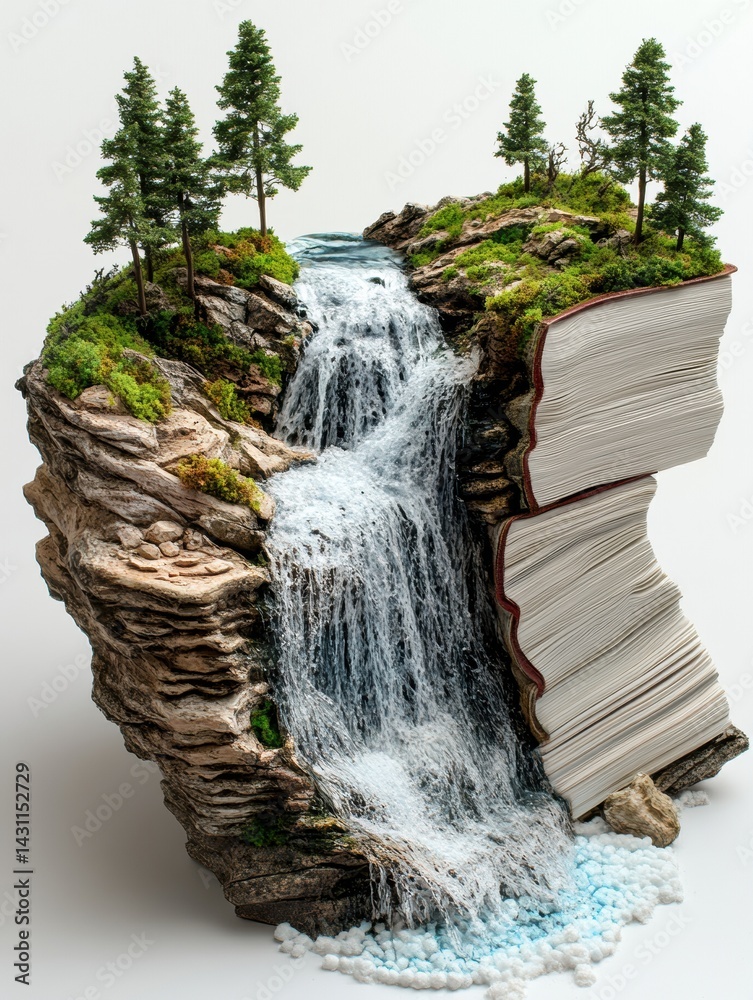 Creative Waterfall Flows From an Open Book, Merging Nature With Knowledge Generative AI