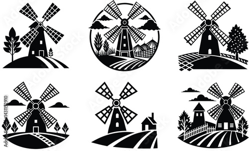 Windmill in the countryside silhouette black vector art set design