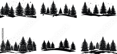 Winter landscapes with pine trees silhouette black vector art set design