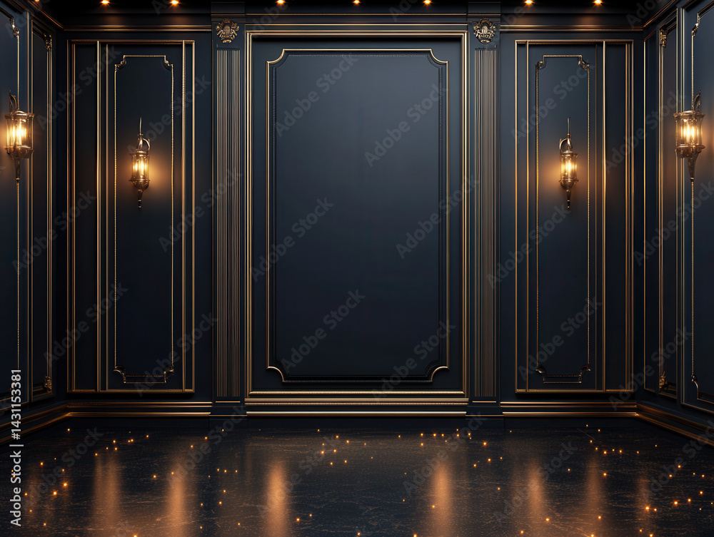 luxurious interior room featuring dark blue walls with ornate gold accents, elegant wall sconces, and polished floor, creating sophisticated atmosphere