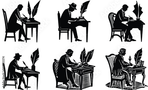 Writer and poet at a desk silhouette black vector art design set 
