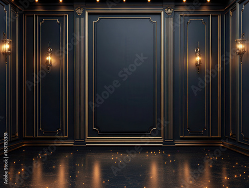 Obraz na płótnie luxurious interior room featuring dark blue walls with ornate gold accents, elegant wall sconces, and polished floor, creating sophisticated atmosphere w salonie