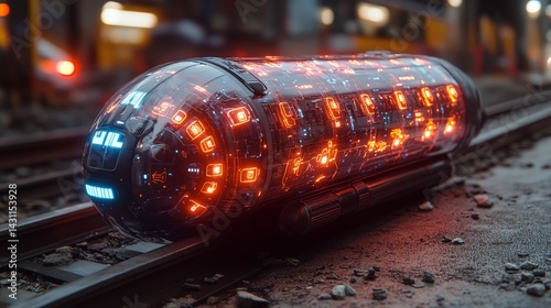 Futuristic pod on city tracks