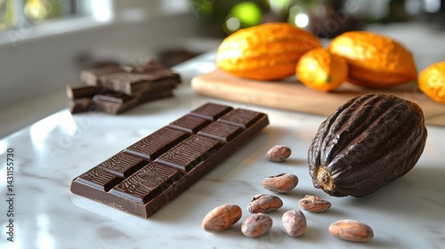 Dark chocolate bar, cocoa pods, and cacao beans