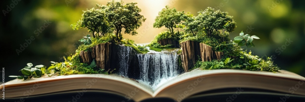 Creative Waterfall Flows From an Open Book With Pages as Cliffs and Forest Landscapes Representing Natures Knowledge Generative AI