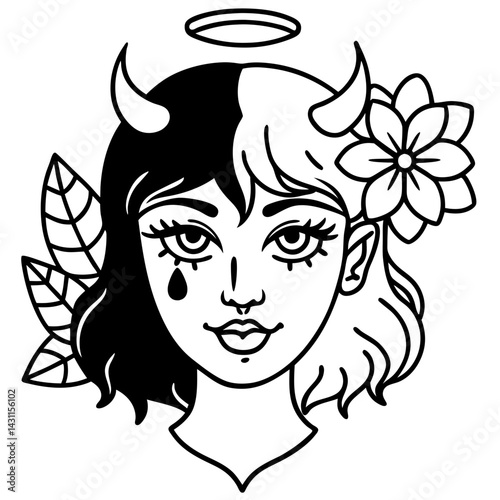 Angel and Devil Girl Face with Horns and Halo | Duality of Good and Evil Tattoo Style Illustration for Print and Merchandise Design
