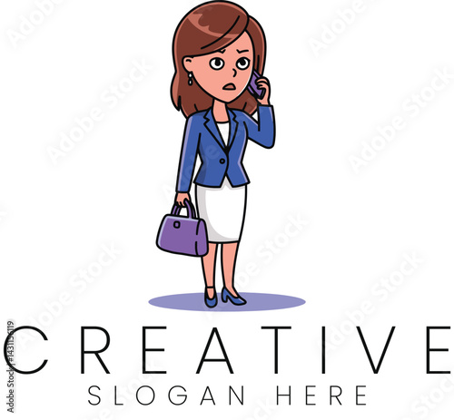 Businesswoman Phone Call Stylish Cartoon Illustration Work Blue Suit Cute Dress Image     