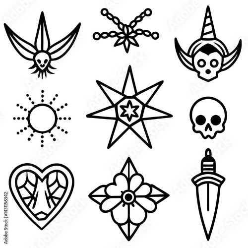 Assorted Old School Tattoo Flash Sheet - Traditional Black Line Tattoo Designs for Body Art and Illustration