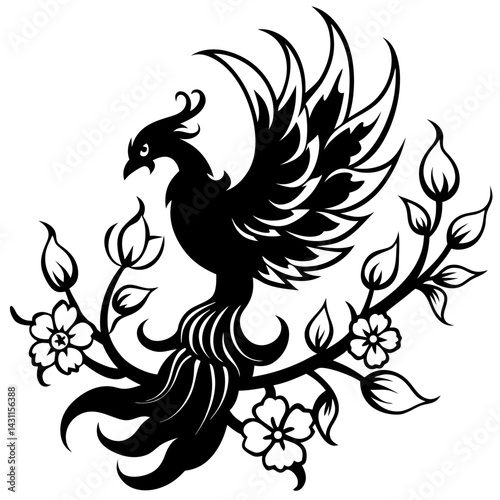 Phoenix Bird on Floral Branch - Symbol of Rebirth, Beauty and Elegance for Logo, Tattoo, and Graphic Design