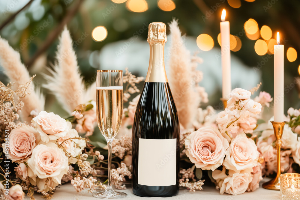 A bottle of sparkling wine with a blank mock up label on an outdoor table decorated with bouquet of roses and pampas grass