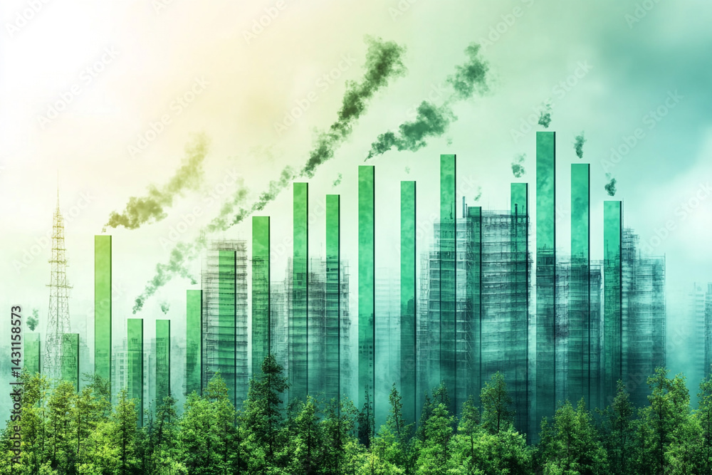 Rising pollution graph over cityscape and forest showing environmental impact of urban growth Rising pollution graph over cityscape and forest showing environmental impact of urban growth
