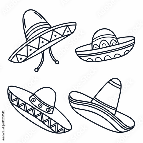 Illustration of various sombreros in outline style on white background, copy space
