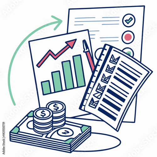 Financial documents and charts in a modern style with copy space
