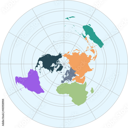 World vector map with continent boundaries and graticules (AEQD projection, PPT-compatible, pre-colored & fully editable)