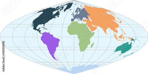 World vector map with continent boundaries and graticules (Craster parabolic projection, PPT-compatible, pre-colored & fully editable)